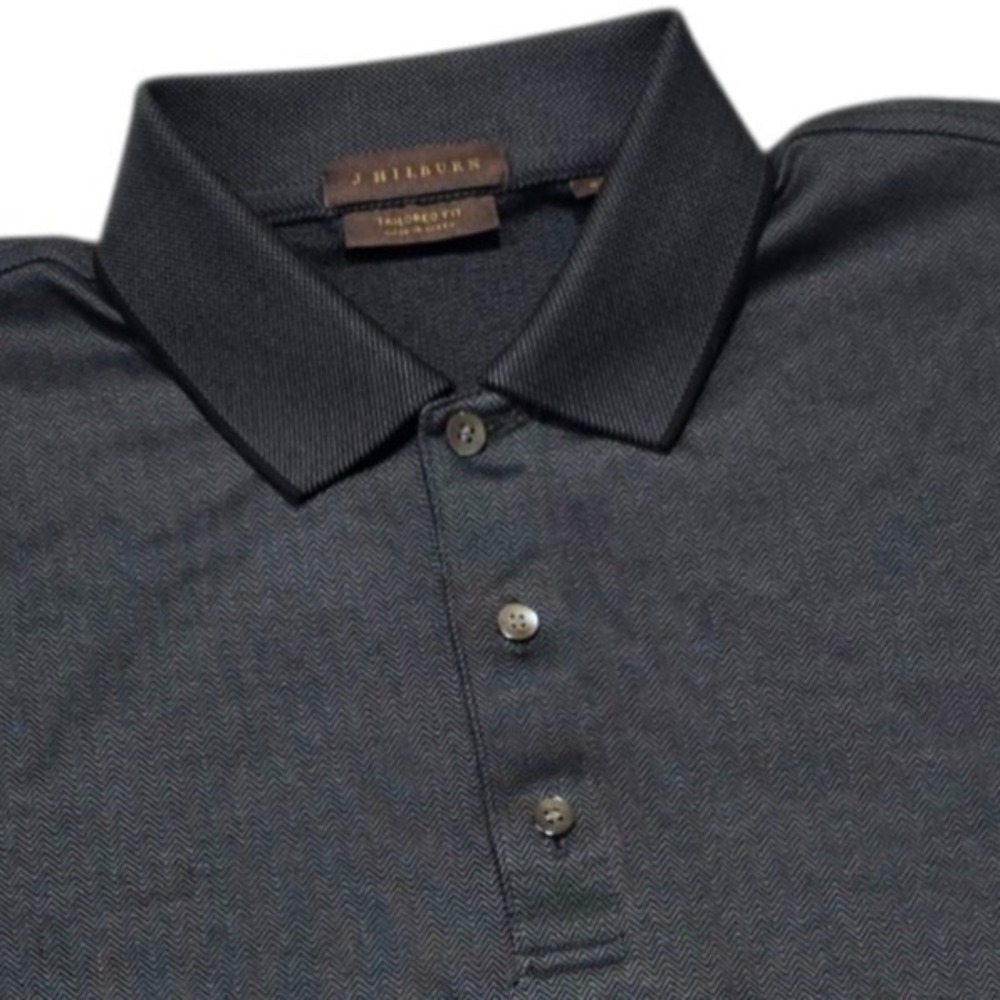 J Hilburn Polo Shirt Mens Small GrayTailored Fit Herringbone Cotton Blend
